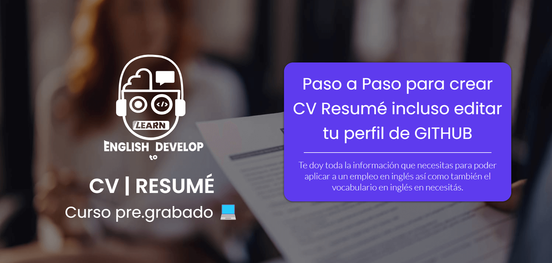 Landing page de curso pre-grabado sobre CV Resumé de inglés para devs de Movimiento Learn