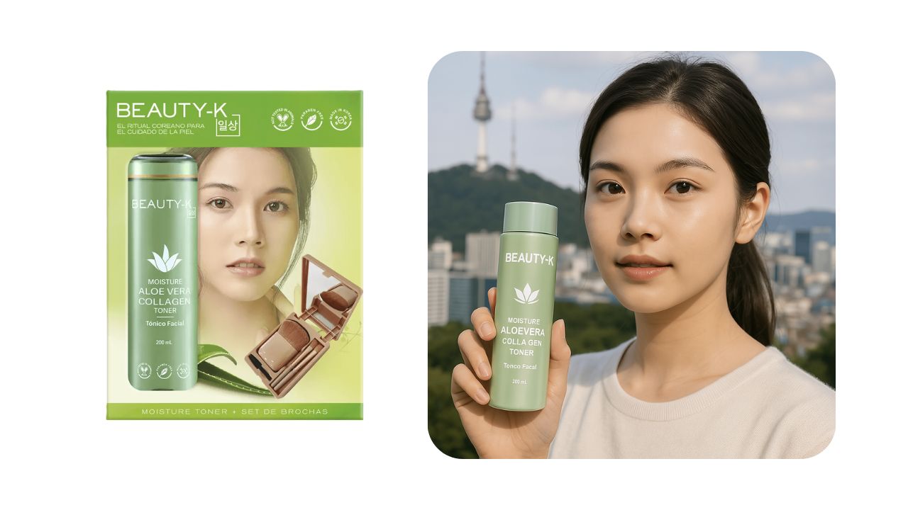Foto de proyecto IA de producto K-Beauty junto a modelo creado de inteligencia artificial